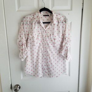 semi-sheer polka dot button-up blouse